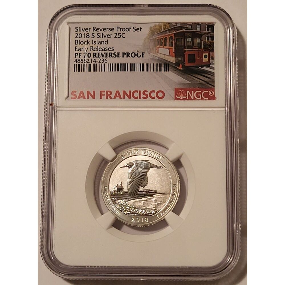 2018 S Silver Block Island NP Quarter Reverse Proof PF70 NGC ER Trolley Label